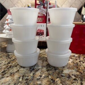 8 Glasbake Vintage White Milk Glass Custard Cups/Ramekins with Plastic Lids.